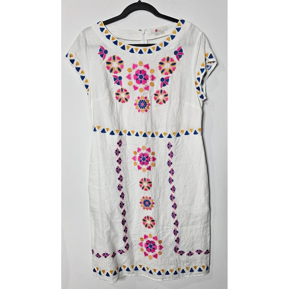 Boden Womens White 100% Linen Embroidered Floral Garden Cottage Shift Dress 8R - Picture 1 of 6